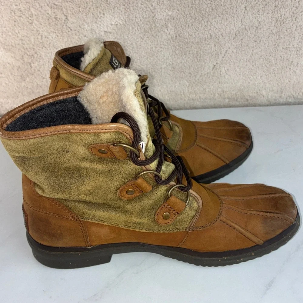 UGG Tan Leather Suede Duck Boots - 10 - Waterproof Shearling 1007999 Winter